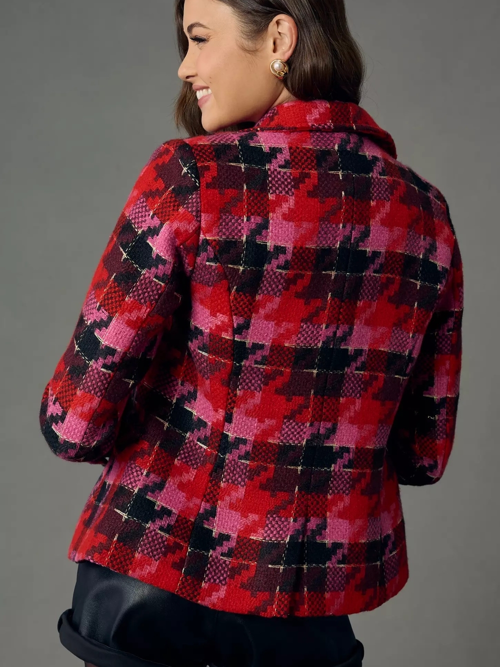 NWT, XL, Anthropologie Red and Pink Houndstooth Tweed Blazer with Gold Buttons - Picture 3 of 6
